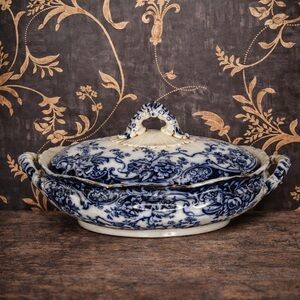 Antique Keeling & Co Late Mayers Flow Blue Gilded Tureen Staffordshire England